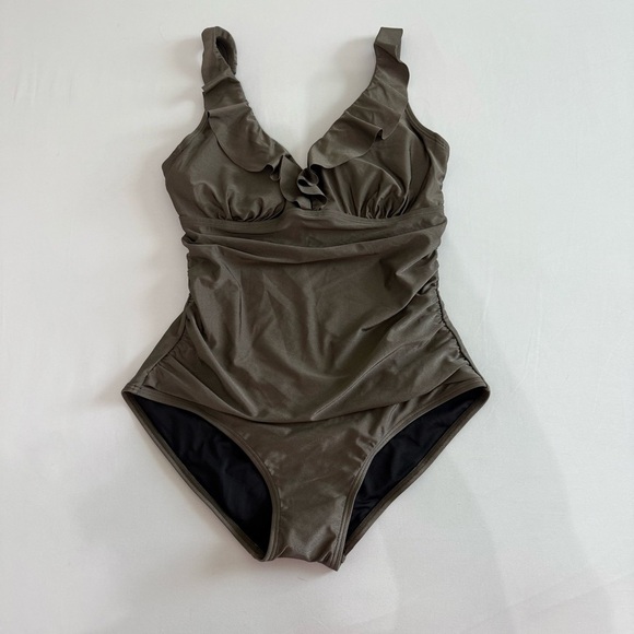 NWOT DKNY Ruffle Plunge One-Piece Swimsuit Olive Green - Picture 6 of 10